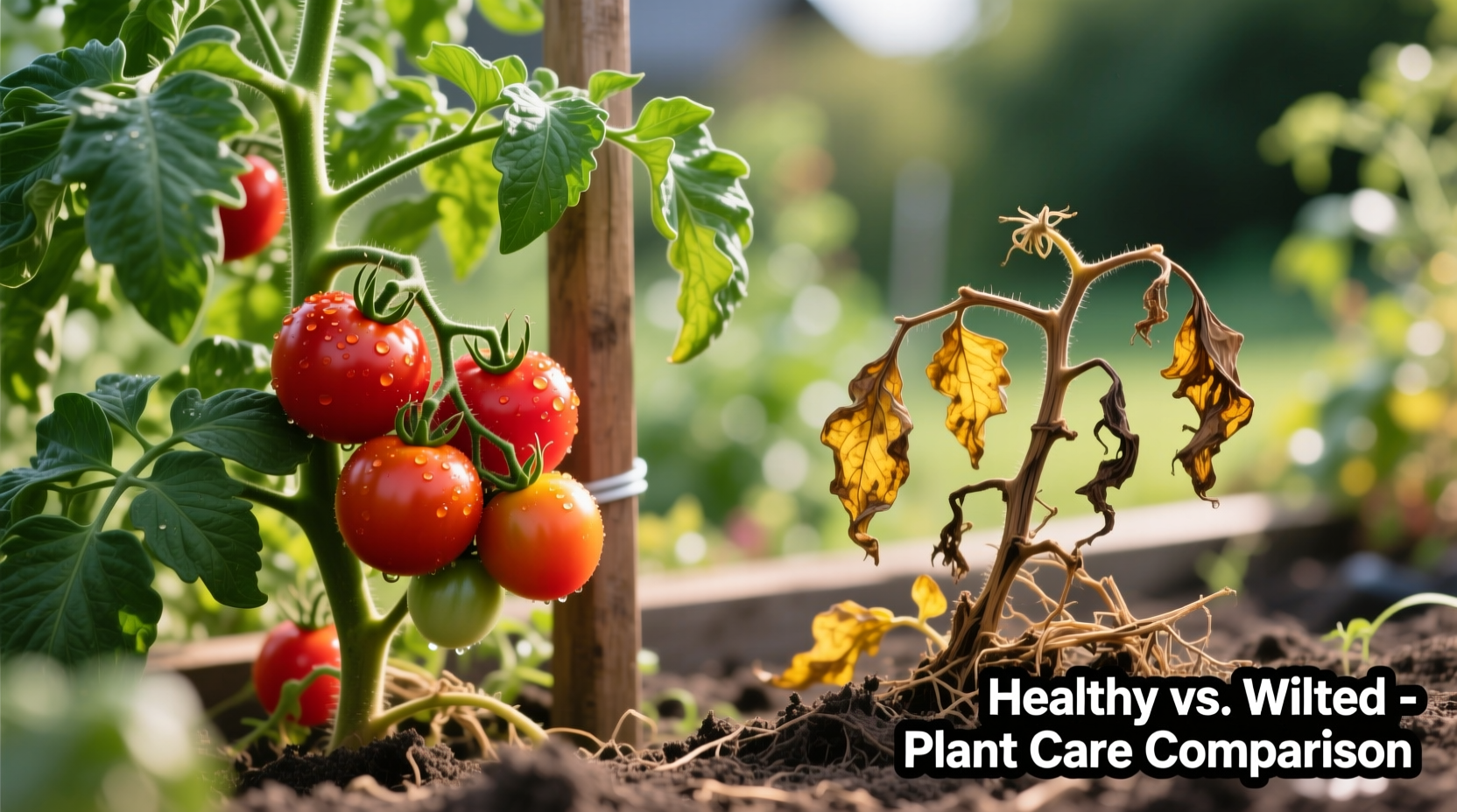 Healthy tomato plant next to wilted specimen for comparison