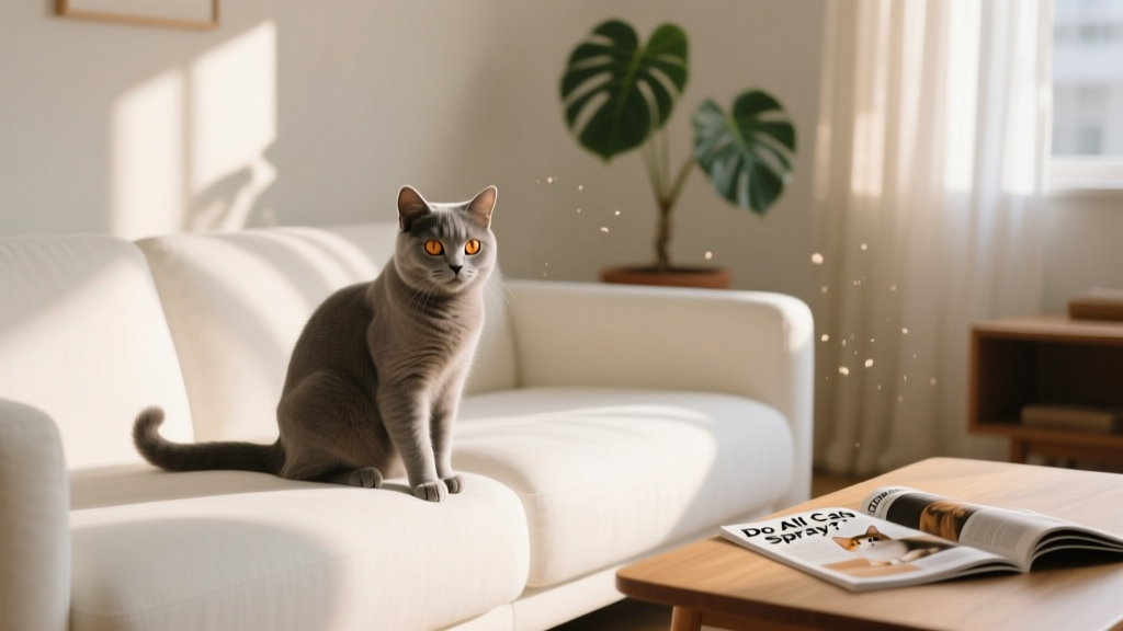 A calm, relaxed indoor cat sitting on a clean sofa