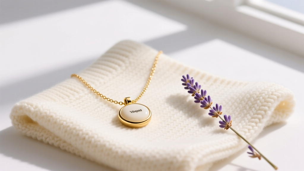 Elegant flat lay of a 14k gold breast milk necklace pendant resting on a cream knit baby blanket next to a sprig of dried lavender