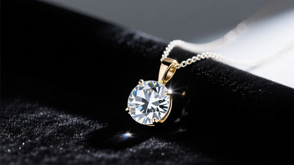 Round-cut cubic zirconia pendant on an 18k white gold chain, resting on dark velvet with sharp light reflections and high contrast