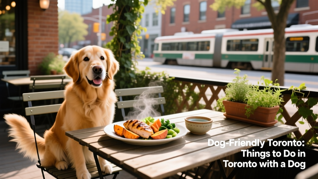 A happy dog sitting beside a plate of food at an outdoor patio table in a cozy Toronto restaurant.