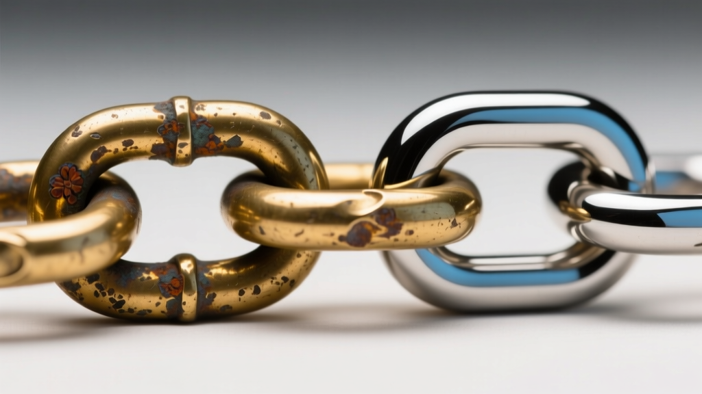 Macro shot of a tarnished brass chain link beside a pristine PVD titanium link under studio light, highlighting metal degradation