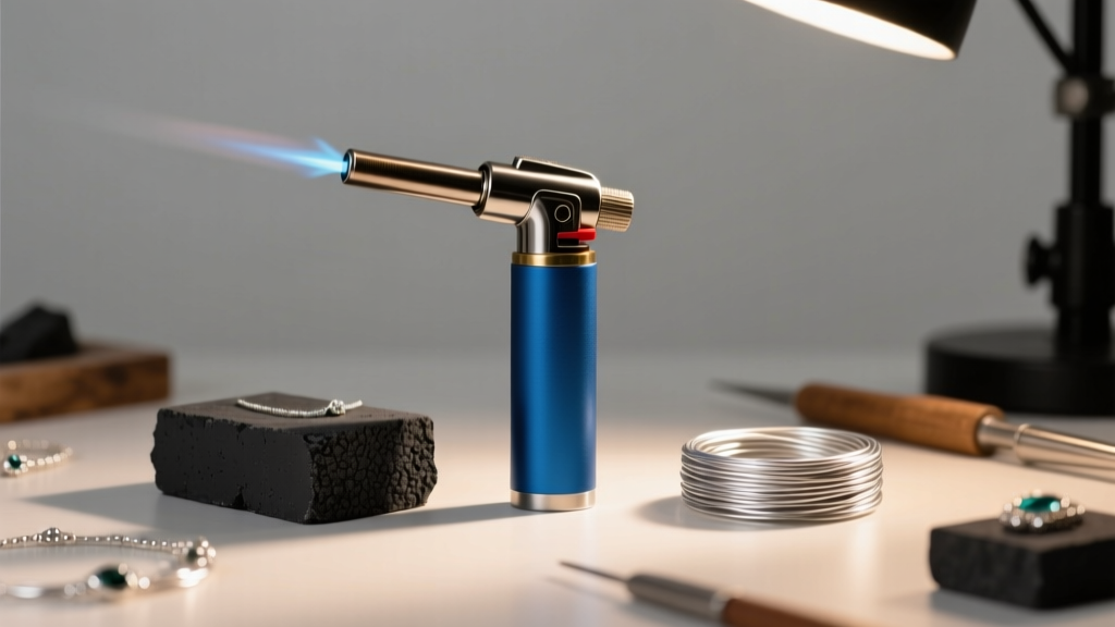 Beginner jewelry workbench with a blue butane torch, charcoal block, and silver wire under warm studio lighting.