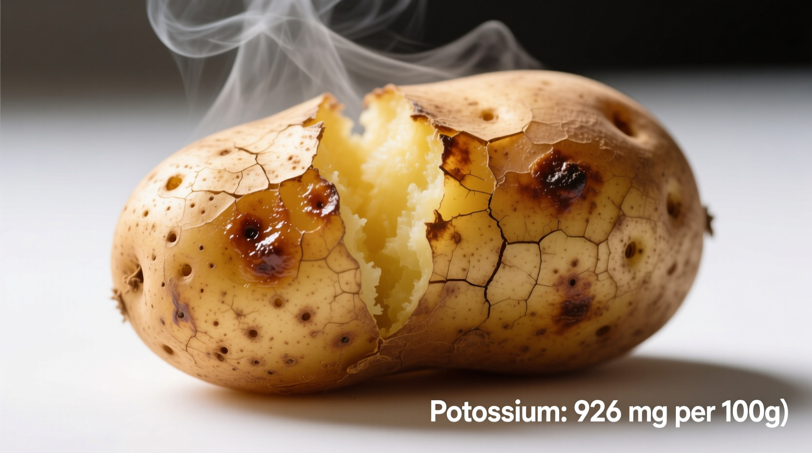 Baked russet potato with skin showing potassium content