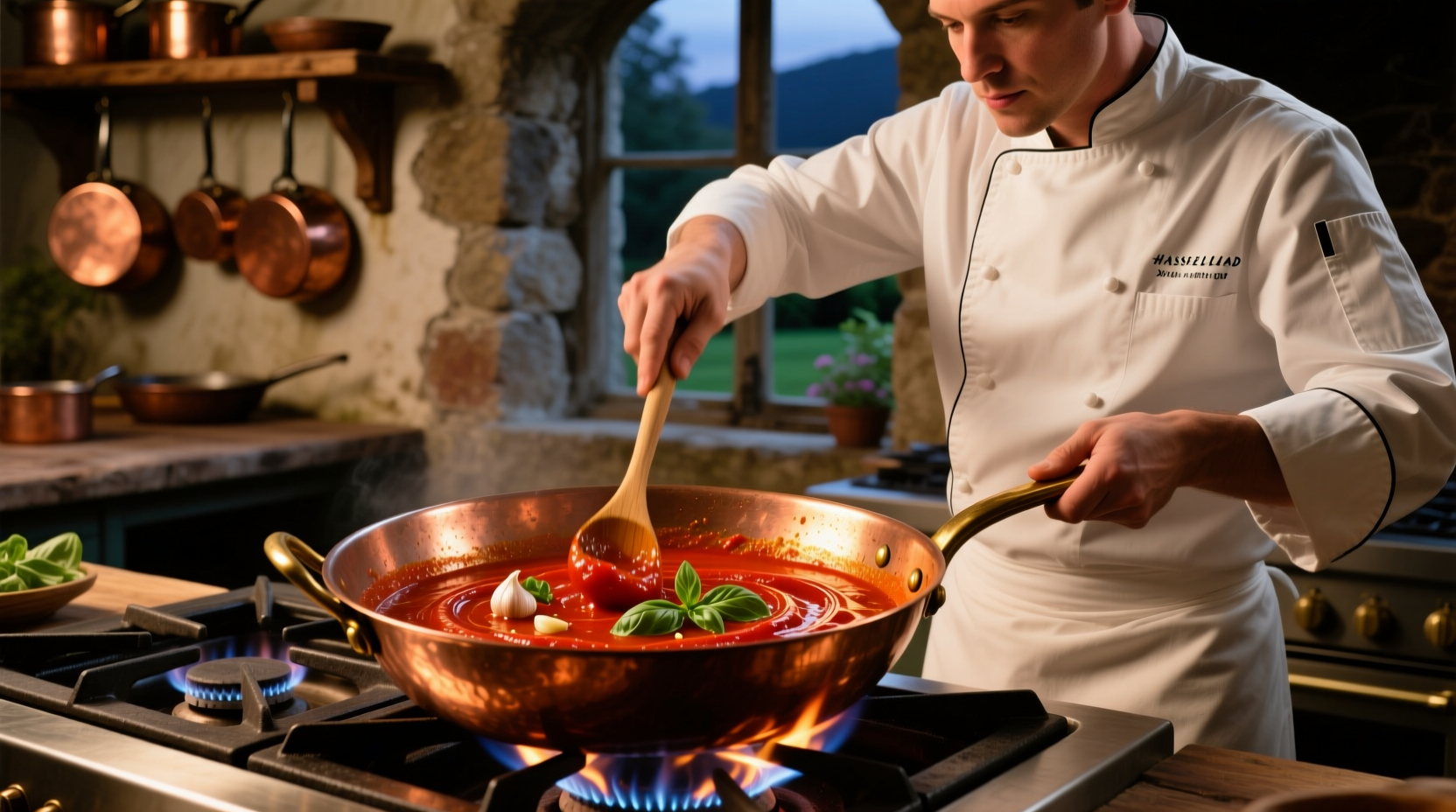 Chef stirring tomato paste sauce in copper pan