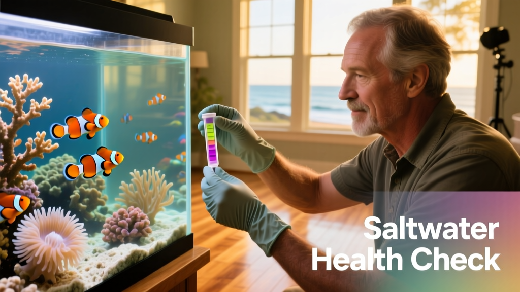 Aquarist using a test kit to check water parameters in a saltwater aquarium