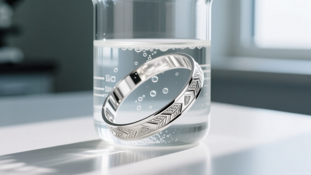 Macro shot of rhodium-plated white gold bracelet submerged in clear enzymatic cleaner inside a glass beaker on a clean lab table