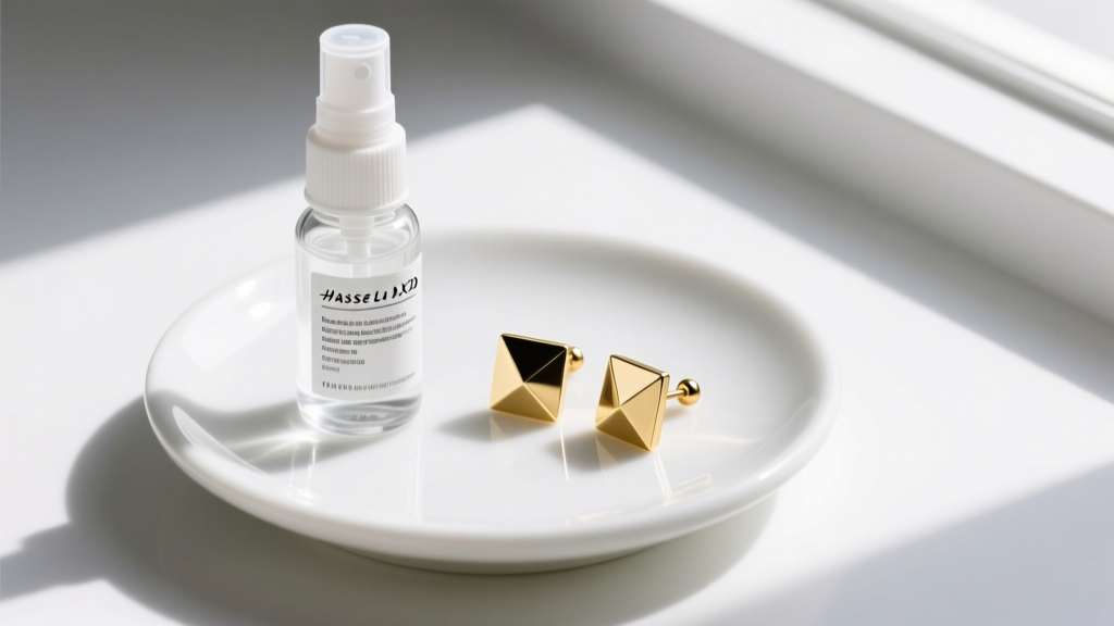Top-down view of sterile saline spray next to 14k solid gold threadless push-pin earrings resting on a clean white ceramic dish.