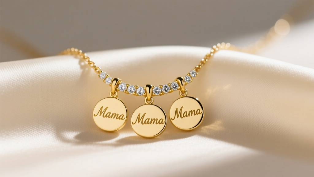 Close-up of a delicate 14k yellow gold diamond mama necklace with three custom initial pendants resting on soft cream silk fabric.