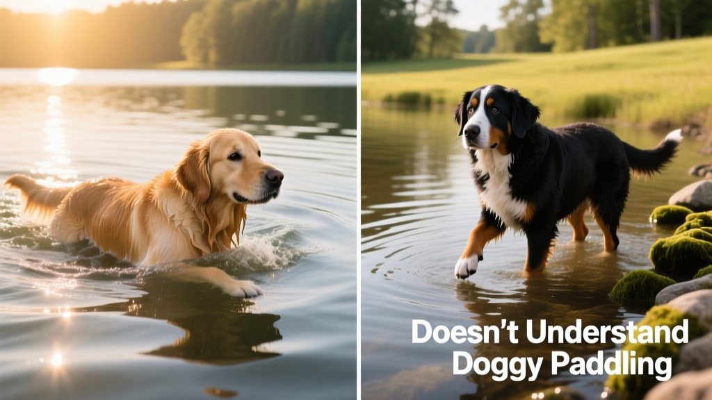 Side-by-side comparison: confident retriever swimming smoothly vs. hesitant Bernese Mountain Dog stepping carefully into water