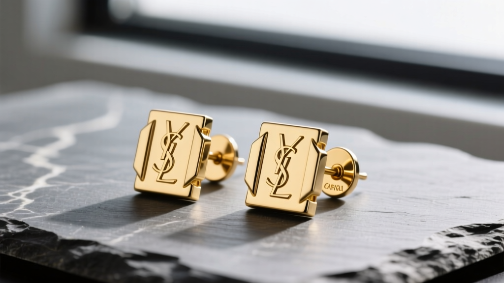 Close-up of gold YSL Cassandra stud earrings on slate, showing interlocking metal hardware and crisp brand engraving details.
