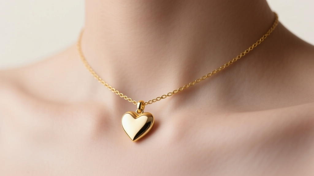 Close-up of a 14k gold vermeil necklace heart choker on a collarbone, soft studio lighting highlighting the polished metal texture.