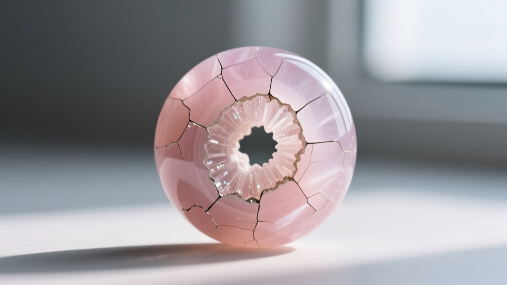 Close-up of a drilled hole in a vintage rose quartz bead revealing conchoidal fracturing and microscopic mineral fiber inclusions.