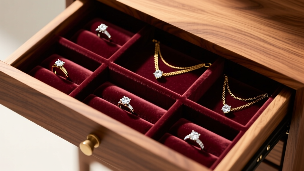 Top-down view of walnut drawer with modular velvet jewelry box inserts, organizing diamond rings and gold chains in warm light.