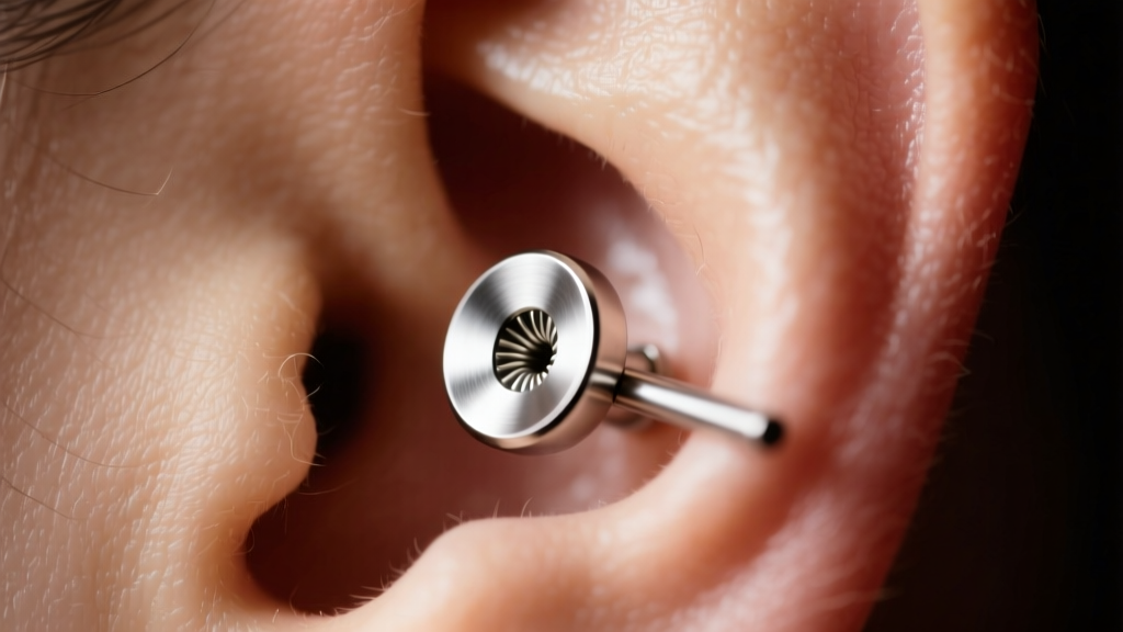 Close-up of 16-gauge titanium flat-back stud in a helix piercing, showing internal threading and mirror polish against soft skin