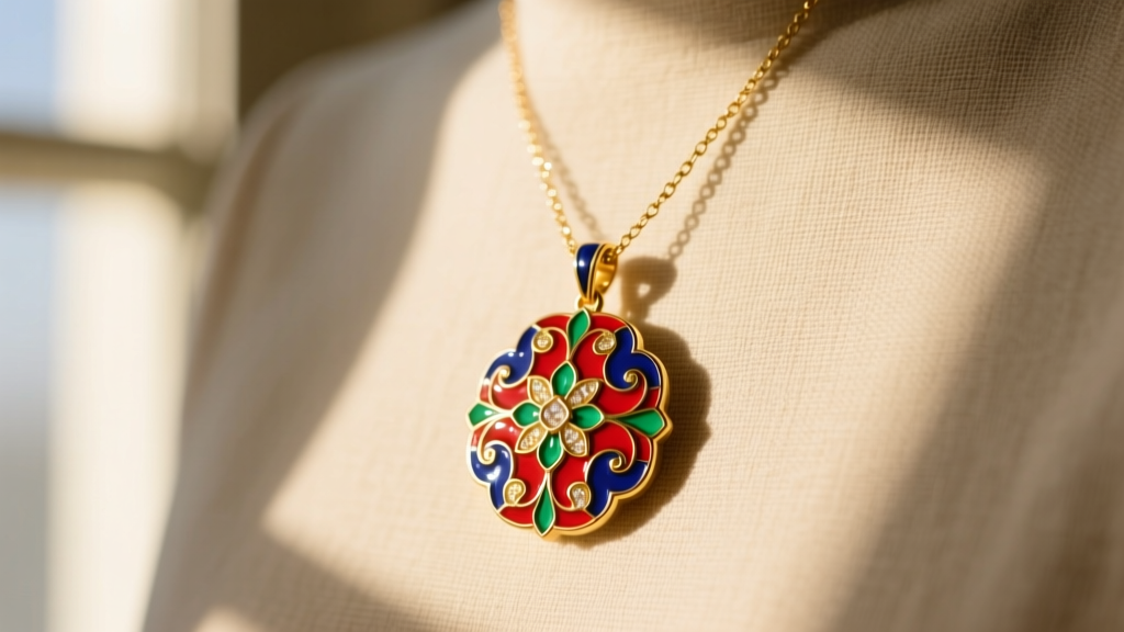 Close-up of a colorful Brinker and Eliza enamel pendant necklace on soft beige linen, lit by bright natural window light.