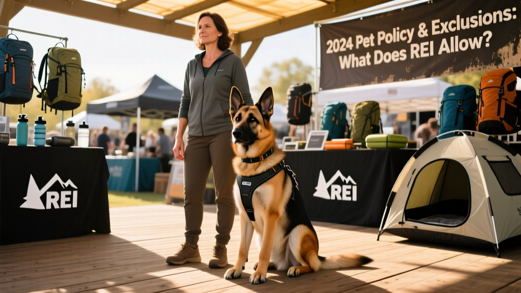 A calm, leashed service dog sitting attentively beside its handler near outdoor gear displays