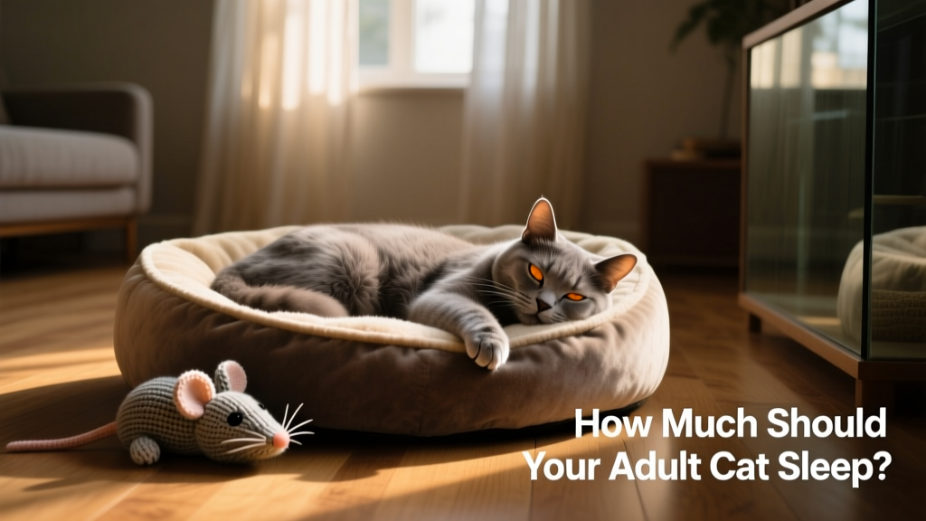 A serene adult cat sleeping soundly in a plush, dimly lit cat bed with a favorite toy nearby