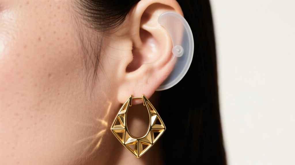 Close-up of an ear wearing heavy brass big drop earrings with a clear silicone support disc hidden behind the lobe, studio lighting