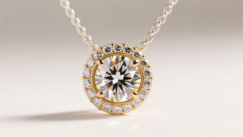 Macro shot of a bezel-set diamond pendant on a 16-inch white gold rope chain, glowing under warm, directional studio lighting.