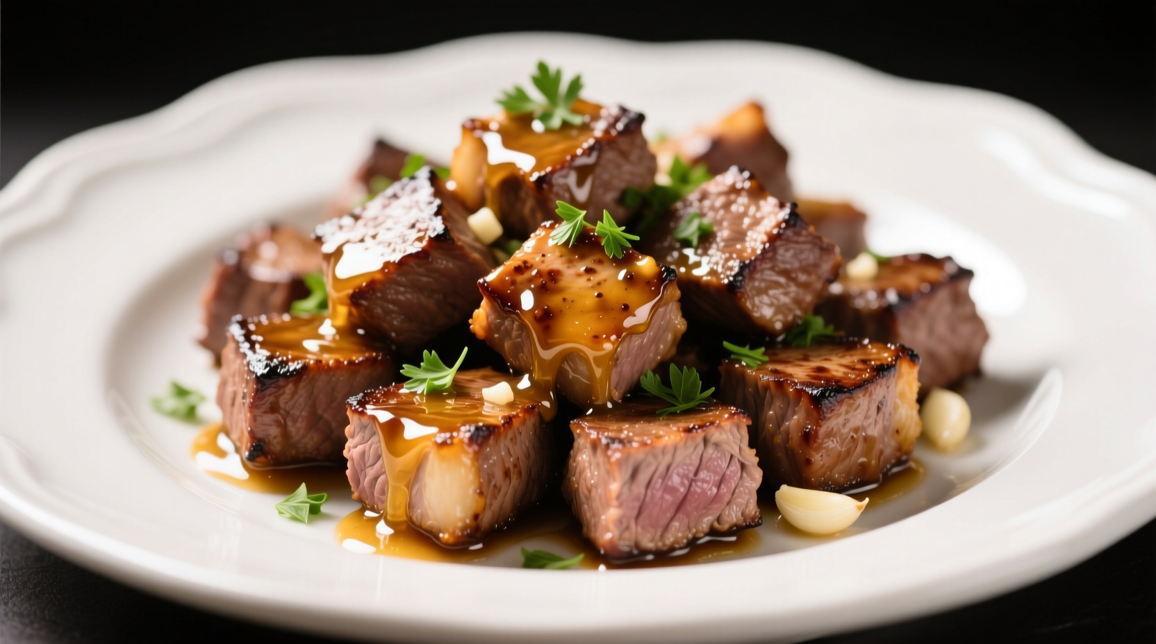 golden honey garlic steak bites on white plate