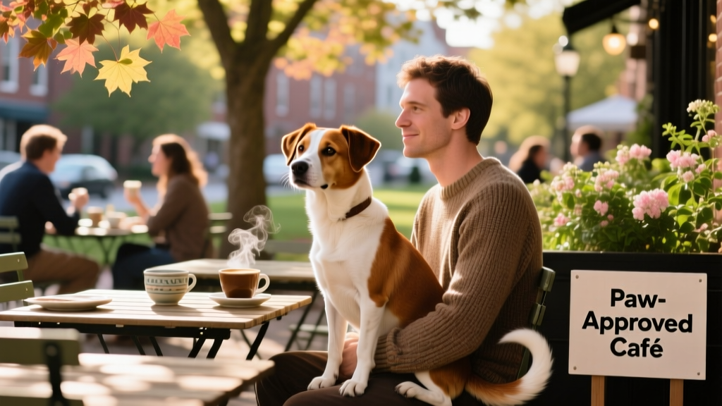 A brown and white dog sitting calmly beside its owner at an outdoor café table in Cambridge, with other diners and greenery visible