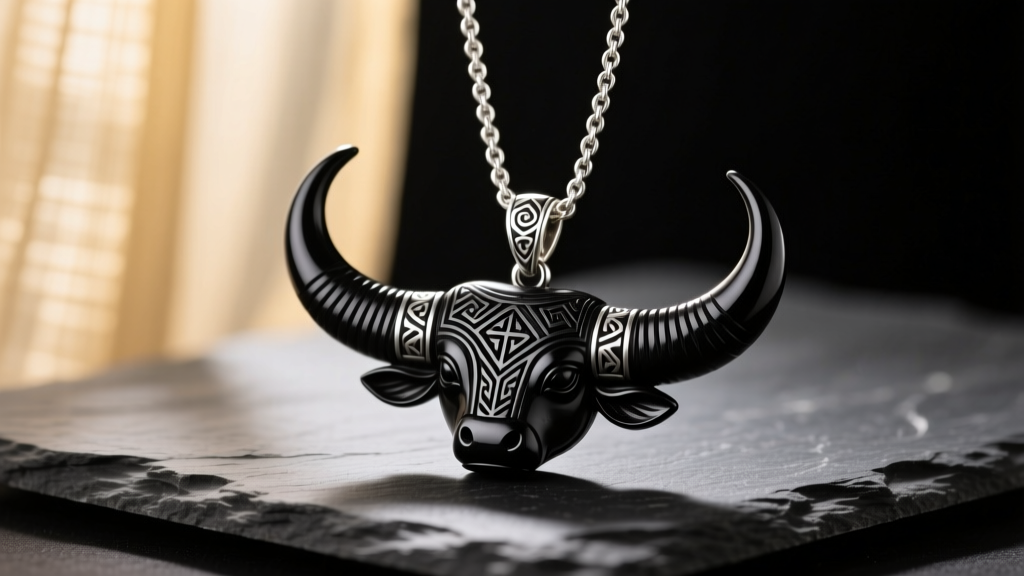Close-up of a carved black water buffalo horn pendant on a thick silver chain, resting on dark slate with soft directional lighting.