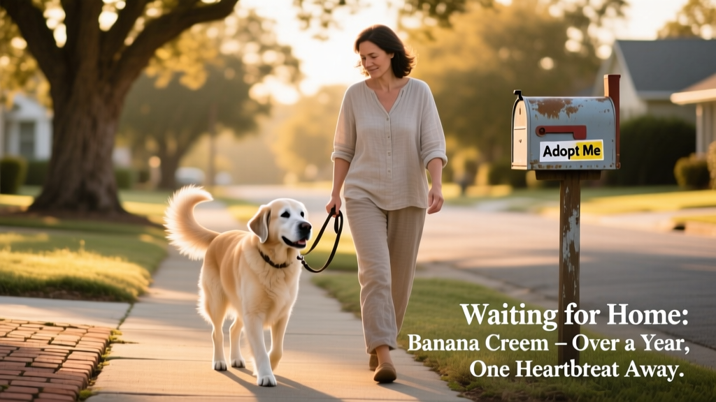 Banana Cream walking calmly beside his foster caregiver on a quiet neighborhood street, leash loose, tail gently wagging