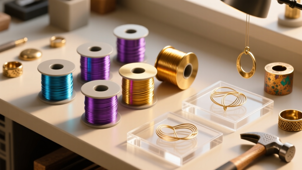 Overhead view of a workbench with anodized niobium wire spools, raw brass findings, and clear UV resin molds under warm lighting