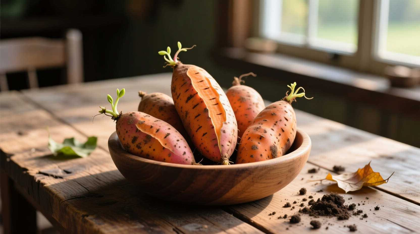 Fresh Covington sweet potatoes on wooden table