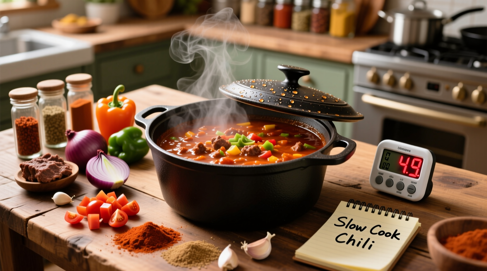 Chili cotto lentamente in slow cooker con ingredienti visibili