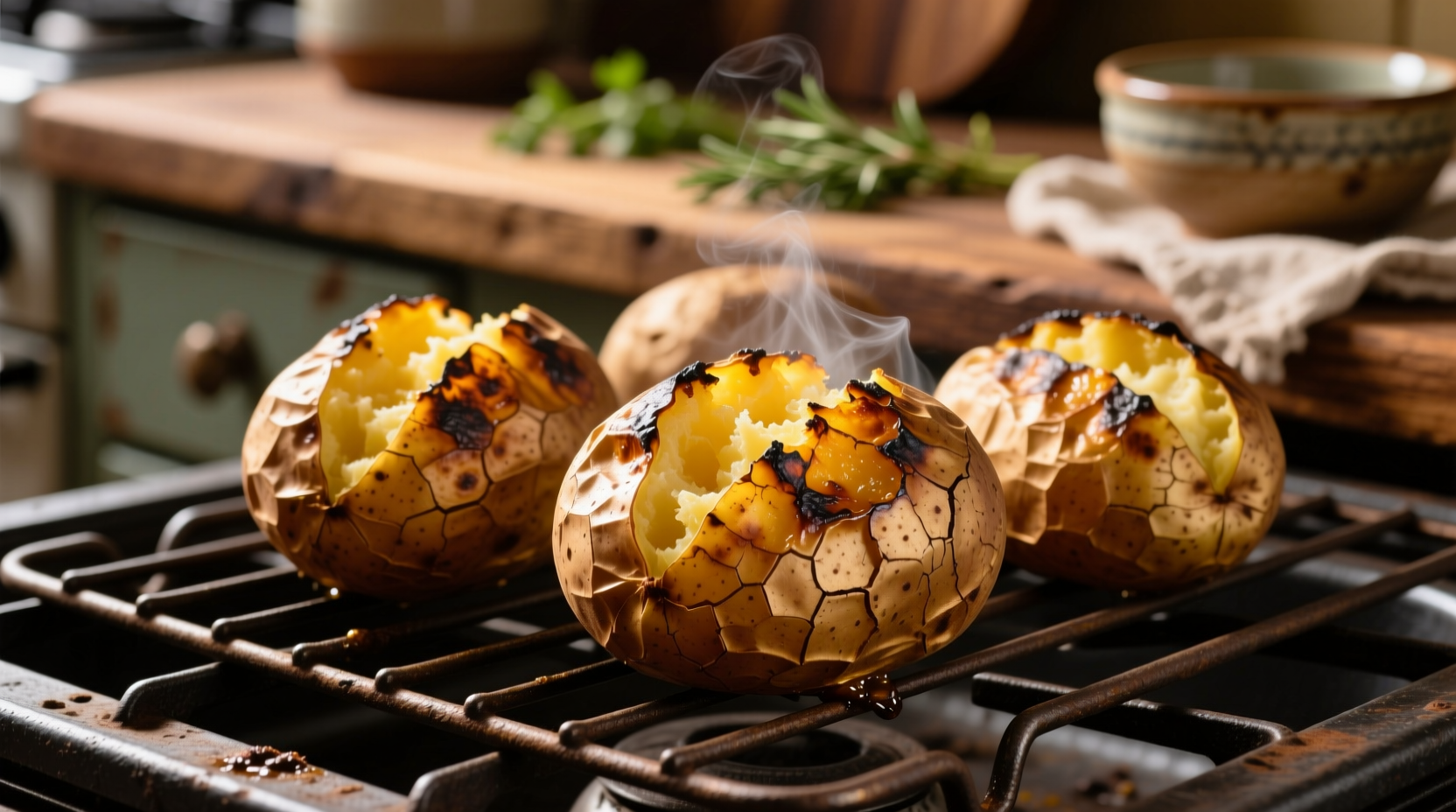 Golden brown baked potatoes with crispy skin on oven rack