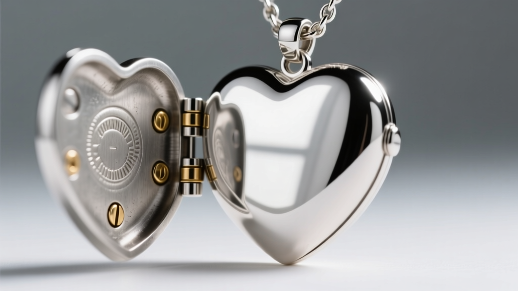 Macro shot of a sturdy piano hinge mechanism on the side of a polished sterling silver heart-shaped photo locket pendant