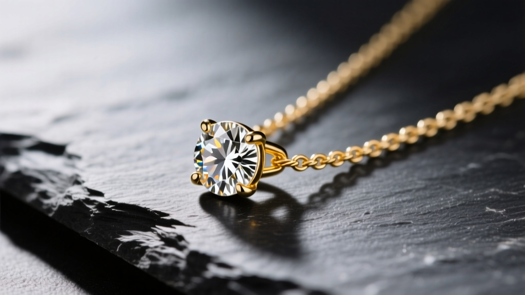 Close-up of a 14k yellow gold Evie solitaire pendant on dark slate, showing the 1mm cable chain and bezel-set diamond.