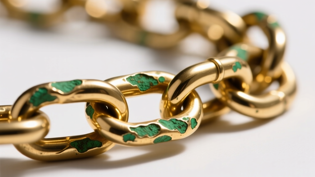 Macro shot of a gold-plated brass chain revealing green oxidation spots where plating wore off, under bright directional lighting.