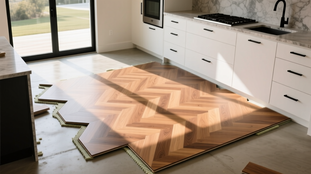 Interlocking luxury vinyl plank flooring being installed over foam underlayment on a concrete subfloor in a bright modern kitchen