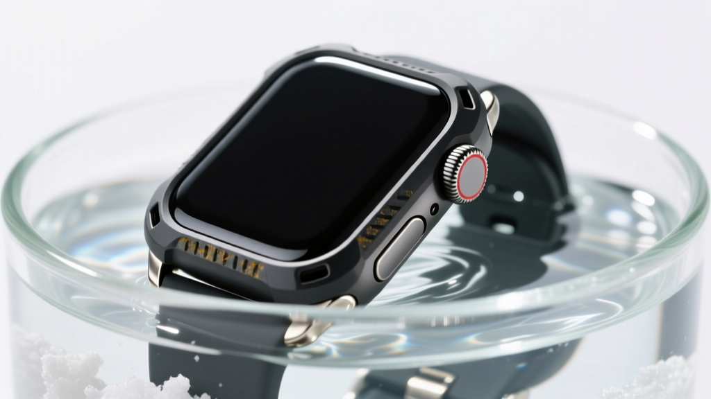 Smartwatch with rugged bumper case submerged in a clear tank of saltwater to test ASTM B117 corrosion resistance of the metal lugs