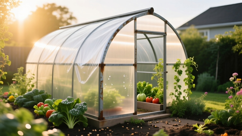 Sunlight shining through 6-mil polyethylene film on a cattle panel hoop house greenhouse framed with metal T-posts in a backyard garden