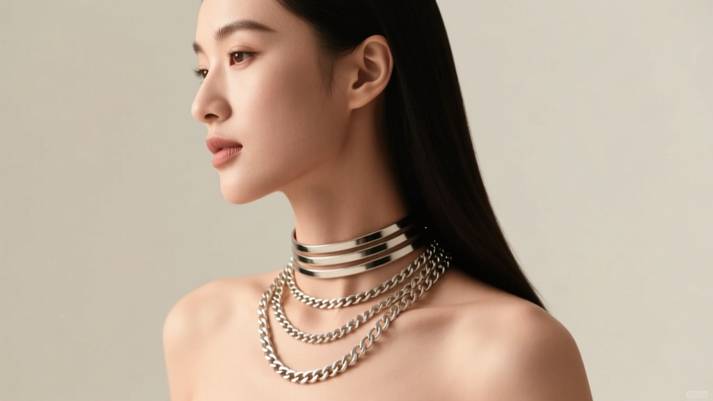 Side profile of a woman wearing a layered 16-inch choker and 24-inch box chain, showing proper spacing over a curved bust