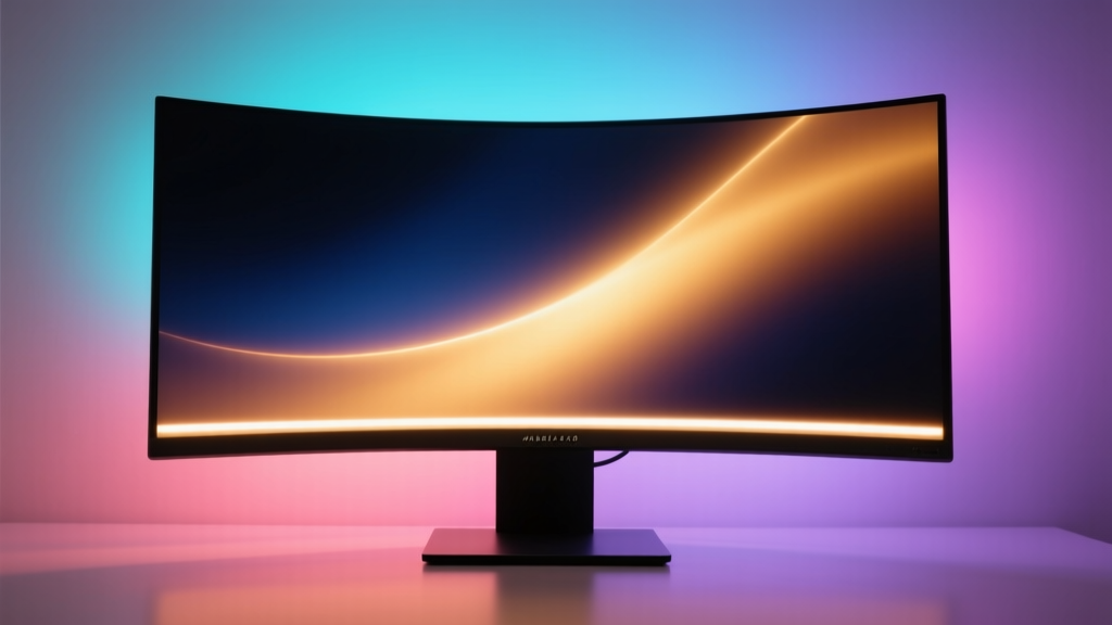 Monitor light bar illuminating a curved ultrawide screen with warm 2700K light while the rear wall glows with soft RGB ambient bias lighting