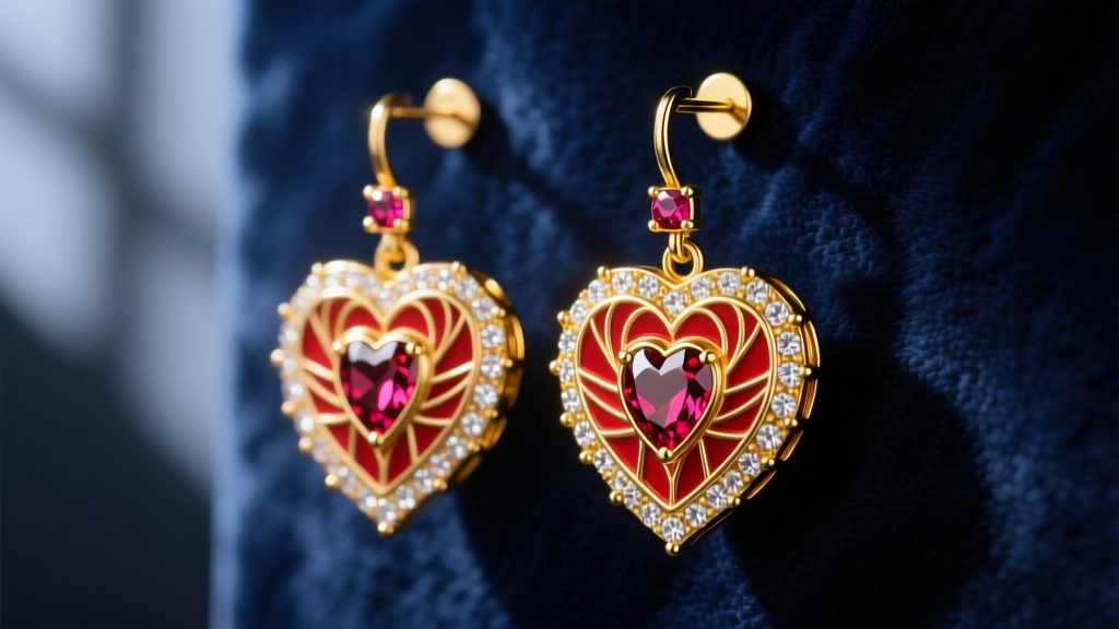 Macro shot of 18k yellow gold queen of hearts dangle earrings featuring guilloché red enamel and pavé ruby accents on velvet