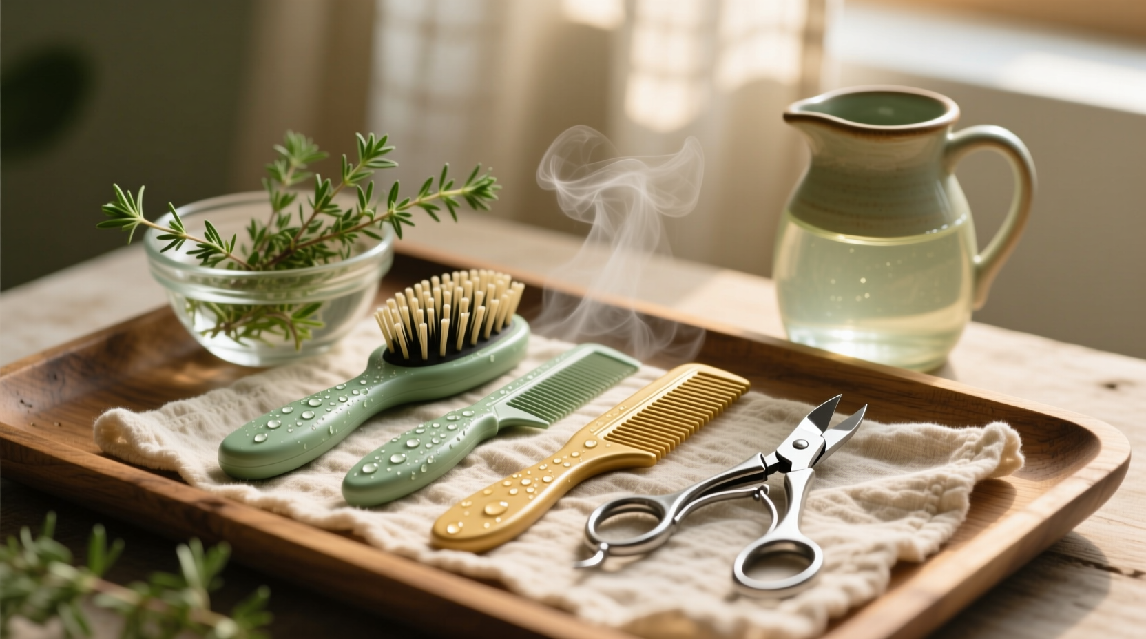 eco friendly cleaning sanitize grooming tools with thyme water