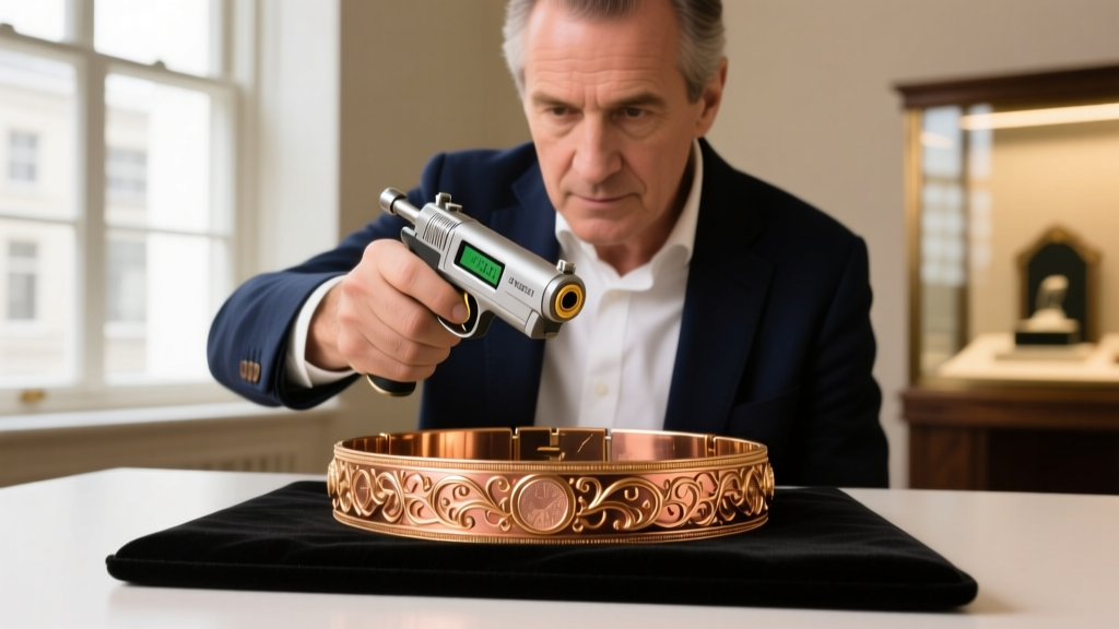 Professional coin dealer using an XRF precious metal analyzer gun to test the purity of a heavy 18k rose gold vintage bracelet.