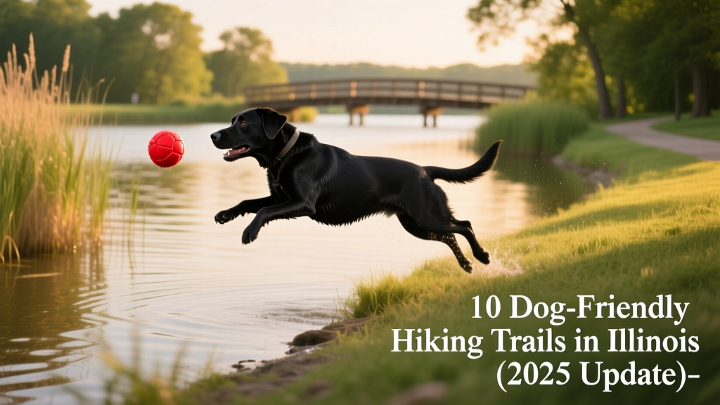 A black labrador retrieving a toy near a calm, reed-lined section of the Fox River in Chain O'Lakes State Park