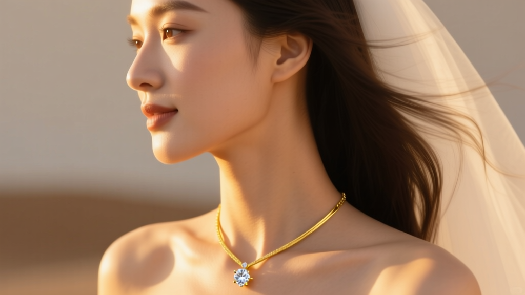 Side profile of a bride showcasing a 14k yellow gold choker with a lab-grown diamond pendant in warm golden hour sunlight