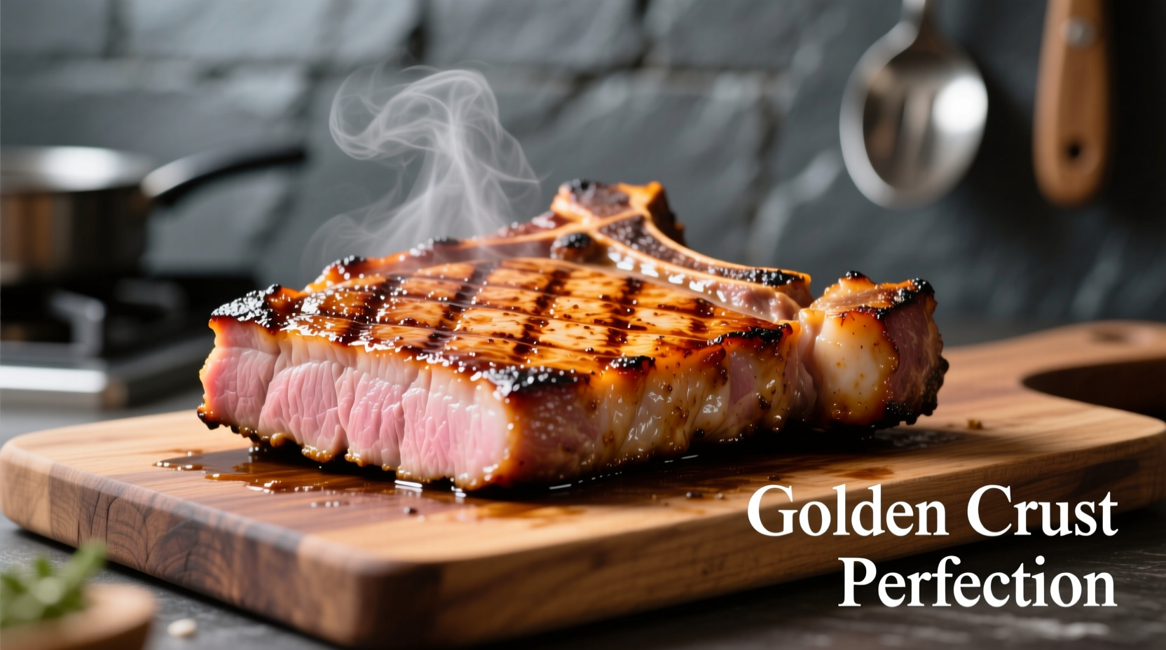 Perfectly seared pork chop with golden crust