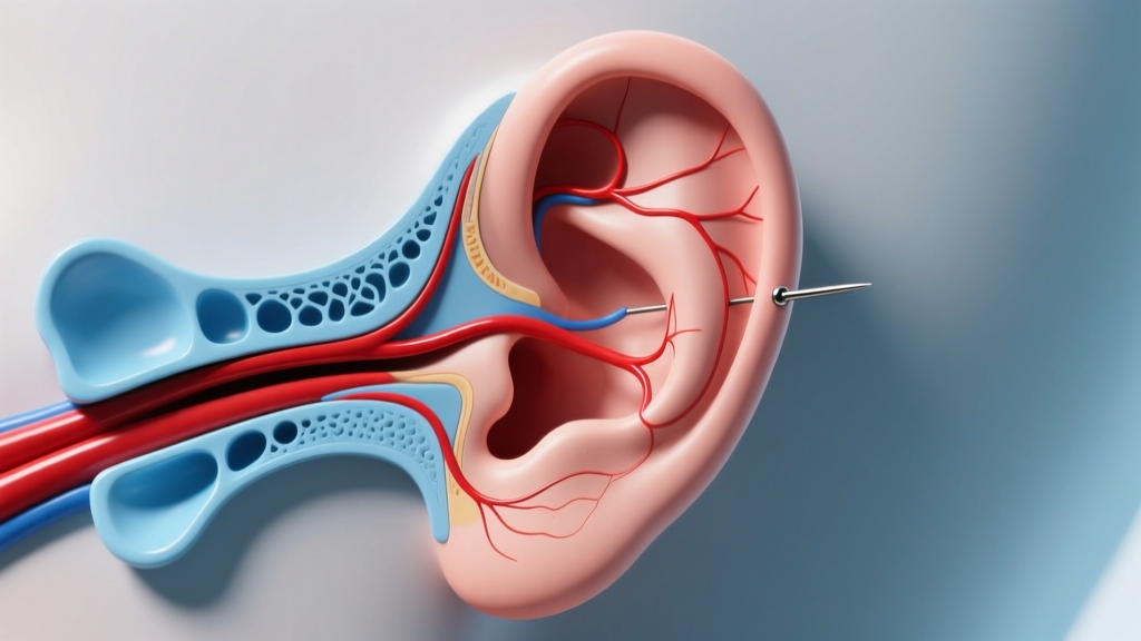 Medical illustration of an ear highlighting the vascular earlobe in red and avascular cartilage in blue to show safe piercing zones