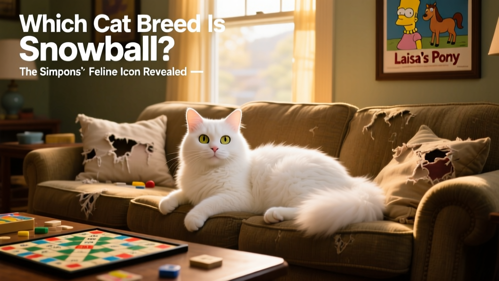 Snowball I sitting calmly on the Simpson living room couch, looking alert and fluffy