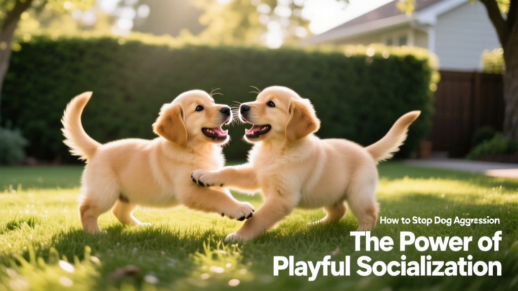 Two well-socialized puppies gently wrestling on soft grass, mouths open, tails wagging