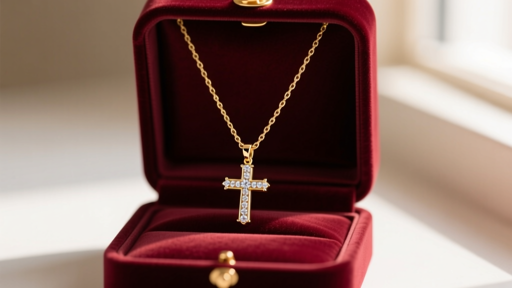 Velvet-lined jewelry box with a mini diamond cross necklace hung on a hook, preventing the delicate gold chain from tangling.